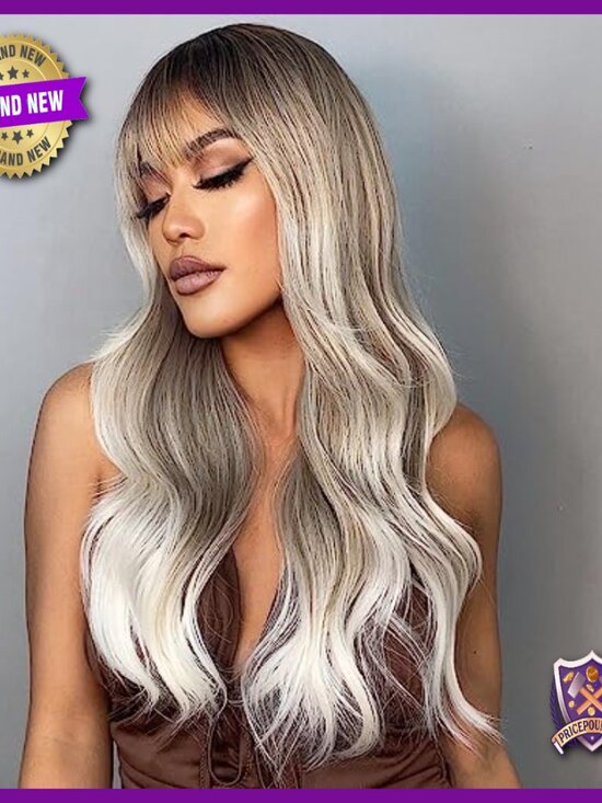 Long Wavy Layered Human Hair Wig with Bangs Heat Resistant Lightweight main image 5